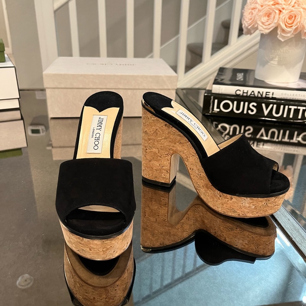 JIMMY CHOO  Black Suede Platform Sandals size 36 1/2